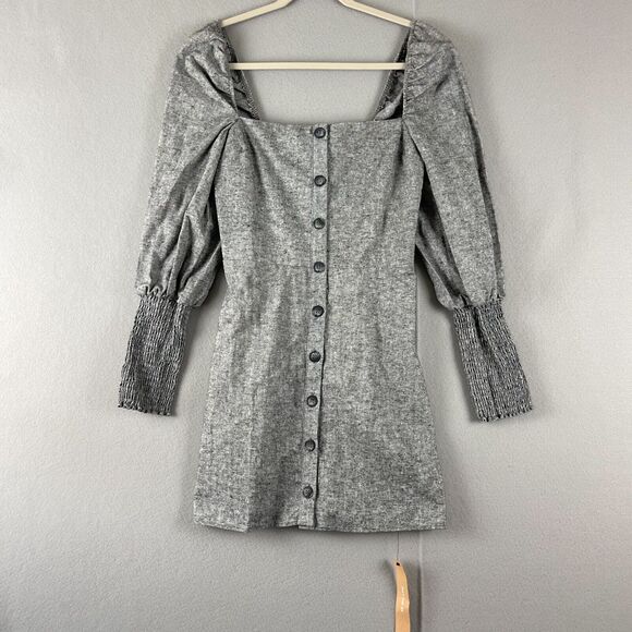 Reformation Gambino Harper Mini Dress Womens 6 Gray Puff Sleeve Smocked NWT - Picture 2 of 16